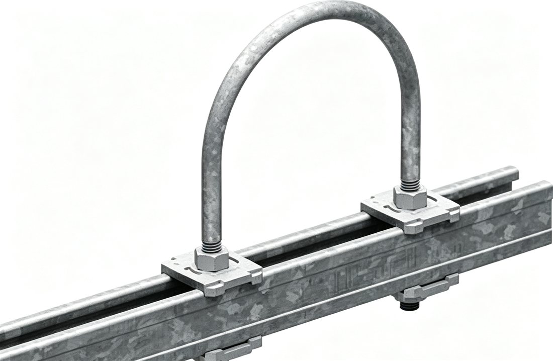 Hot-dip galvanized U-bolt mounted on strut channel with square washers and hex nuts